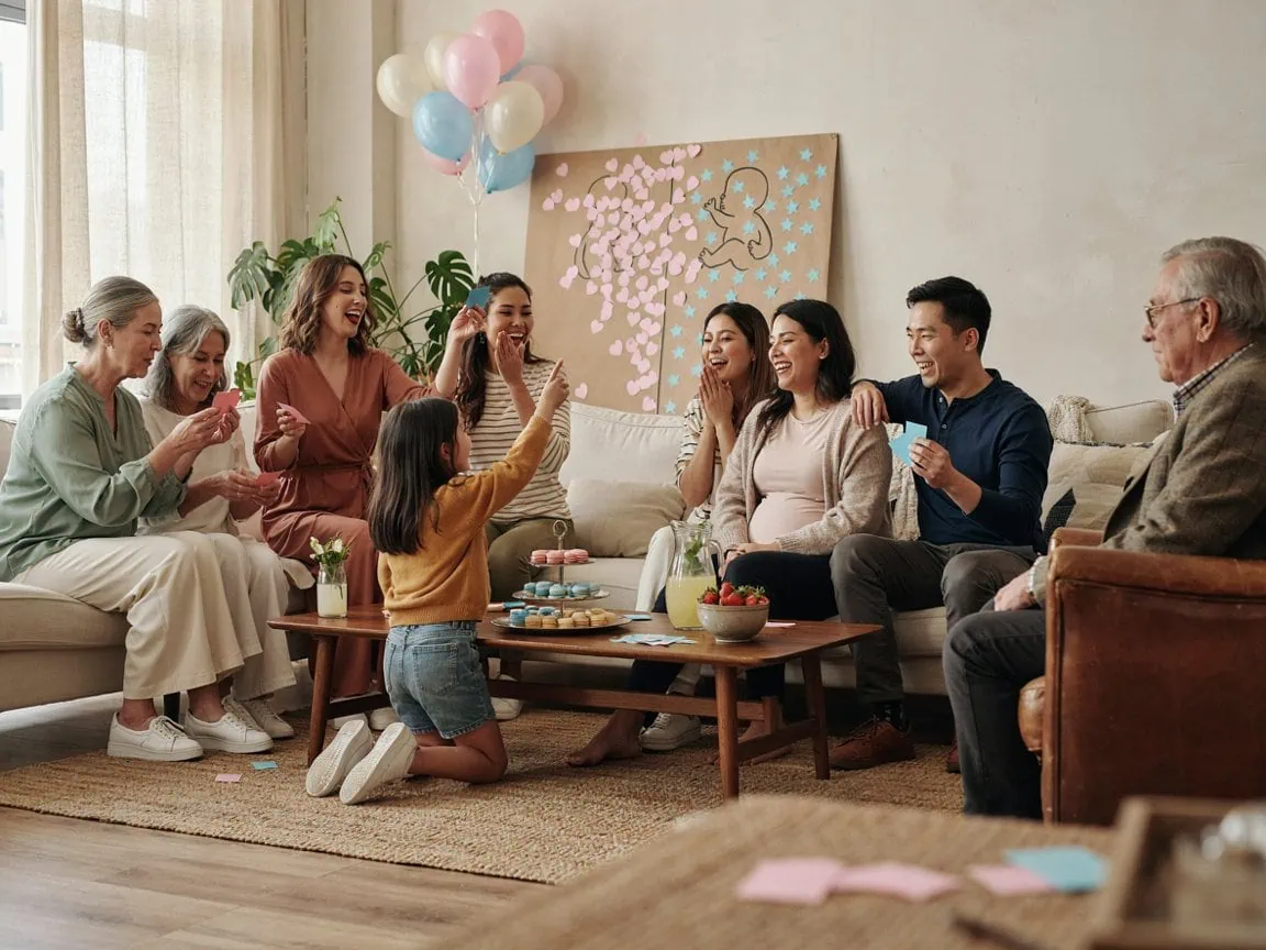 Family and friends enjoying a baby shower with balloons and decorations.