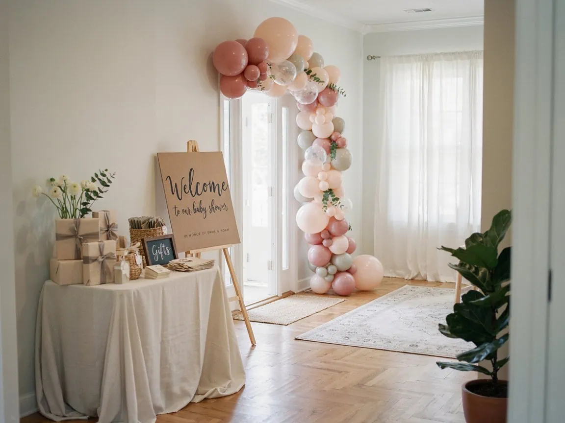 Elegant baby shower setup with balloon arch and welcome table in bright room.