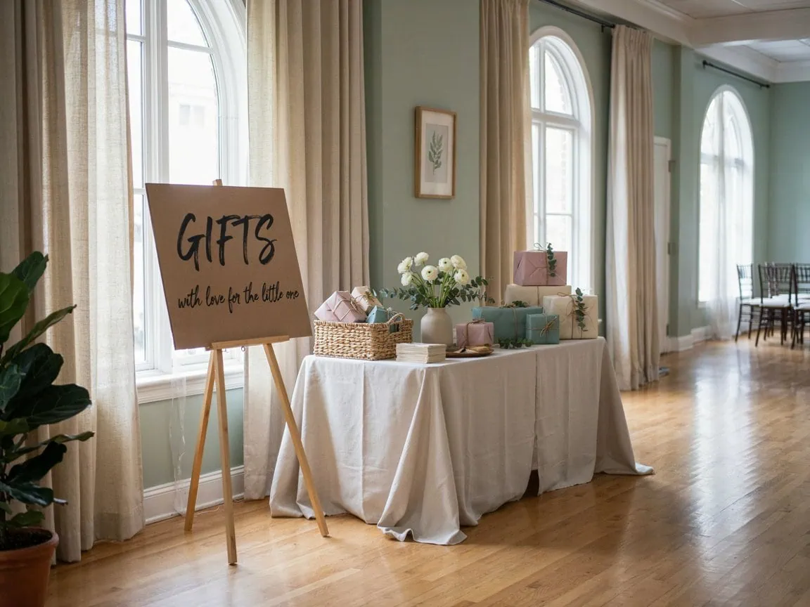 Elegant baby shower gift table with flowers and gifts in a bright room.