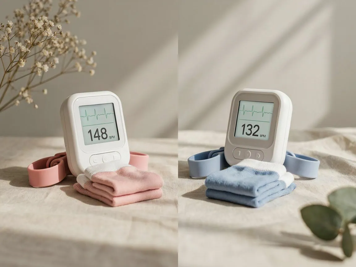 Two digital baby heart rate monitors with pink and blue cloths on a table.