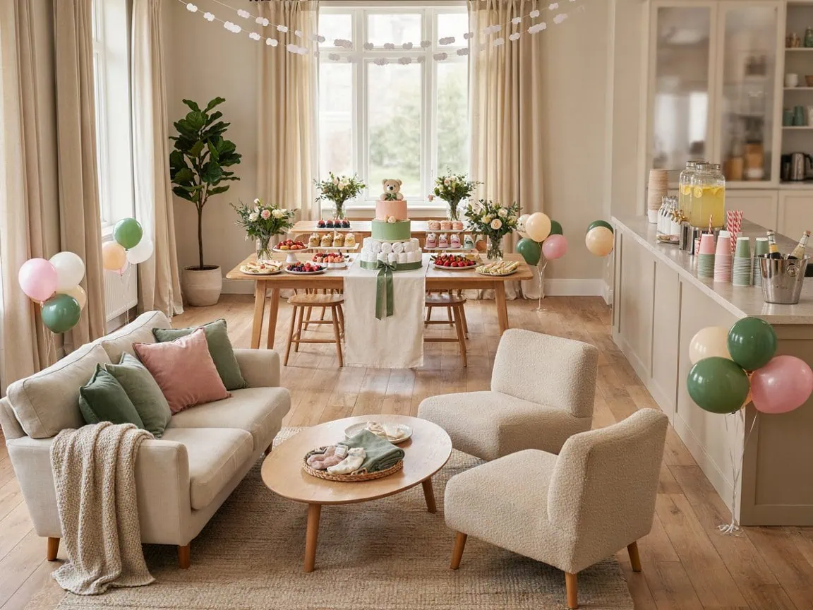 Charming baby shower room with pastel balloons, floral decor, and a cake table.