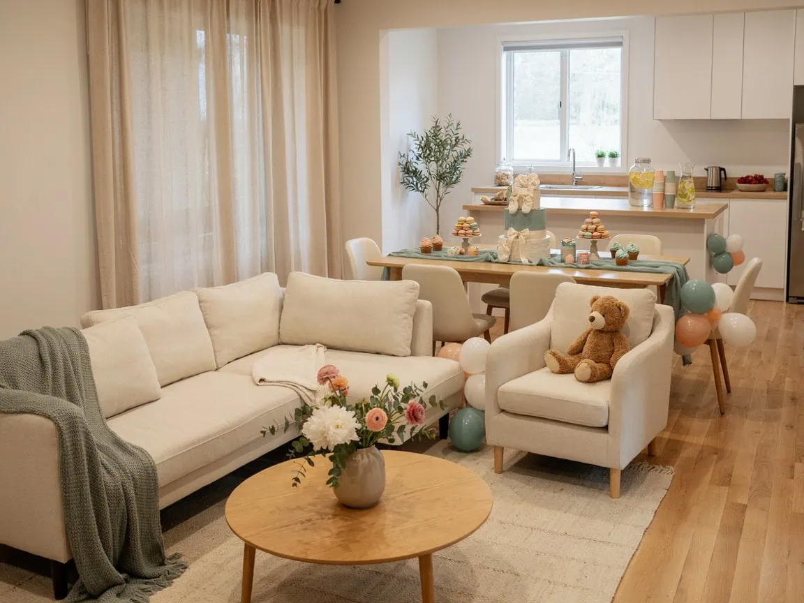 Cozy baby shower room with sofa, armchair, and decorated table.