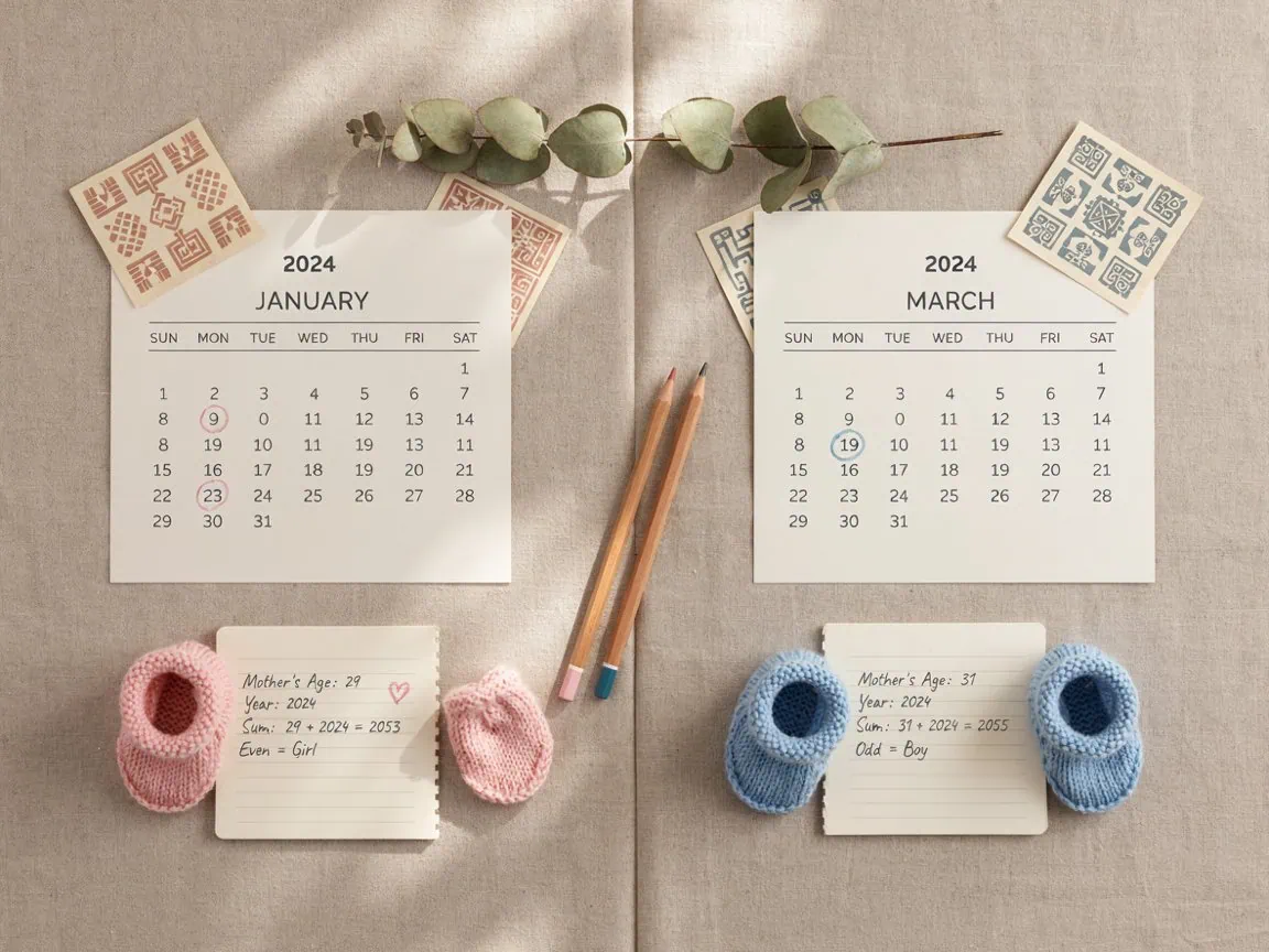 Calendar pages for January and March 2024 with baby gender notes and knitted baby shoes.