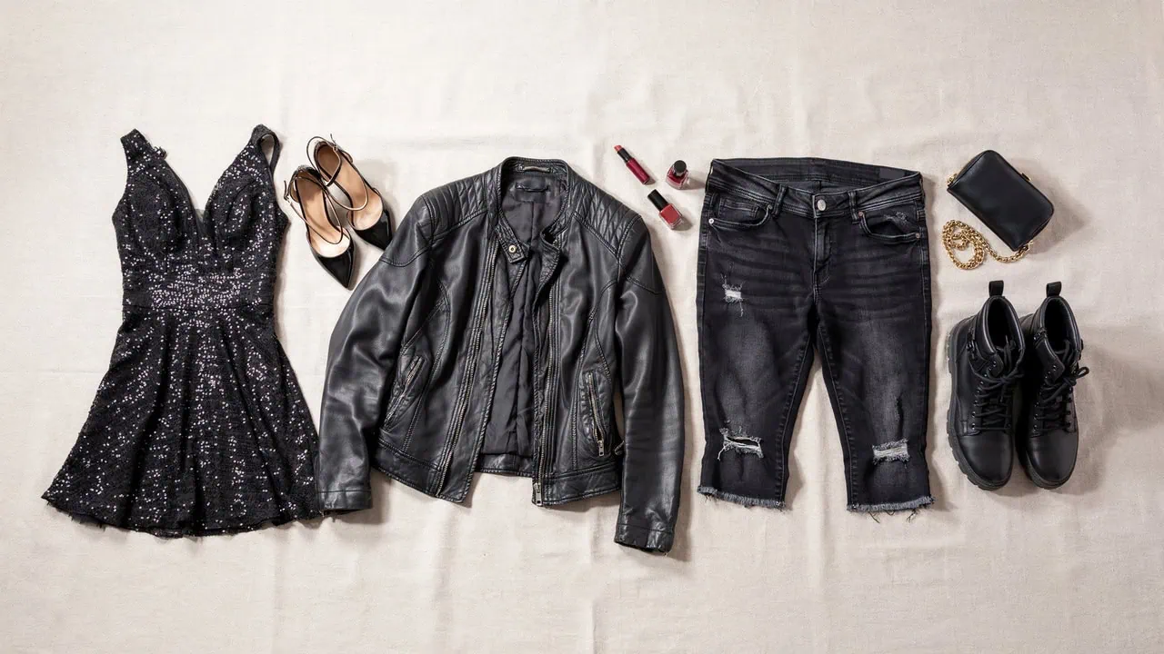 Fashionable guest outfit with dress, leather jacket, jeans, and accessories.