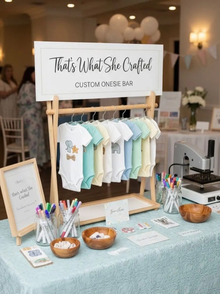 Baby shower onesie bar with colorful onesies and craft supplies.