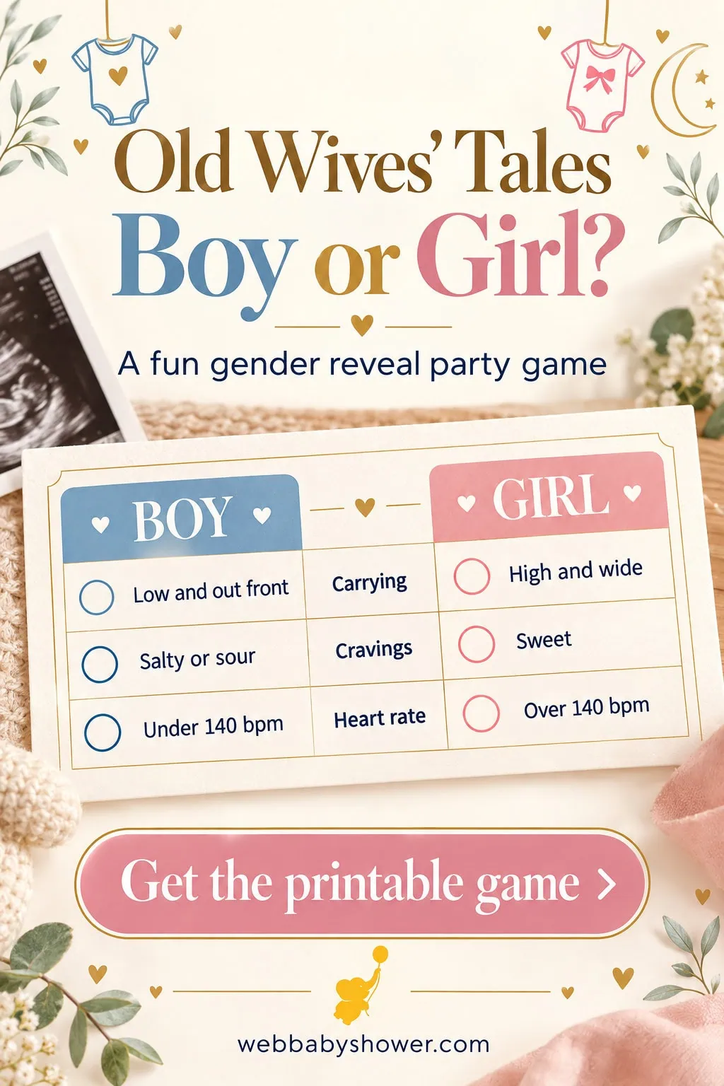Fun gender reveal party game with boy or girl options and traits.