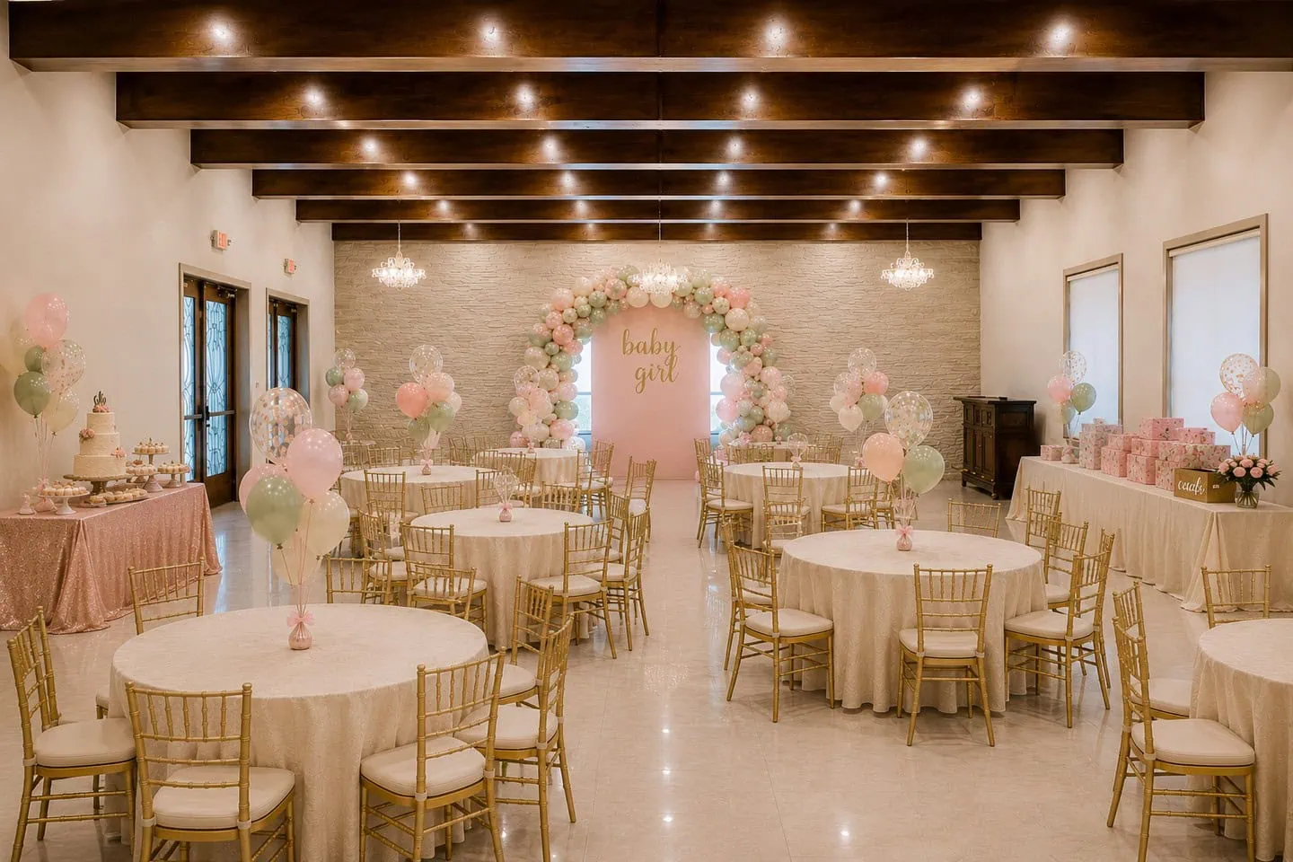 Elegant baby girl shower with pink and green balloons and floral decor.
