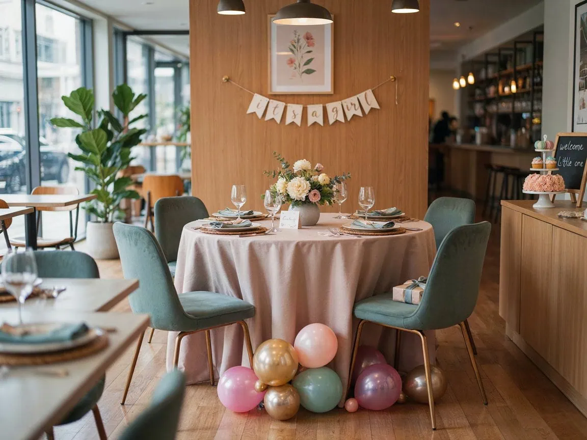 Elegant baby shower table with floral centerpiece and pastel balloons.