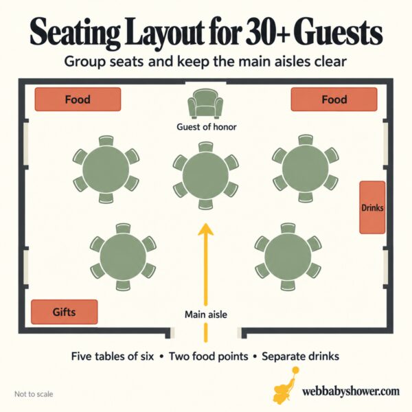 Floor plan for baby shower with tables, food, drinks, and gifts.