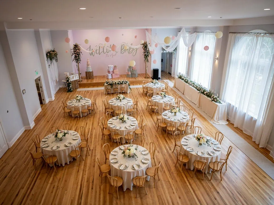 Beautifully decorated baby shower with round tables and floral centerpieces.