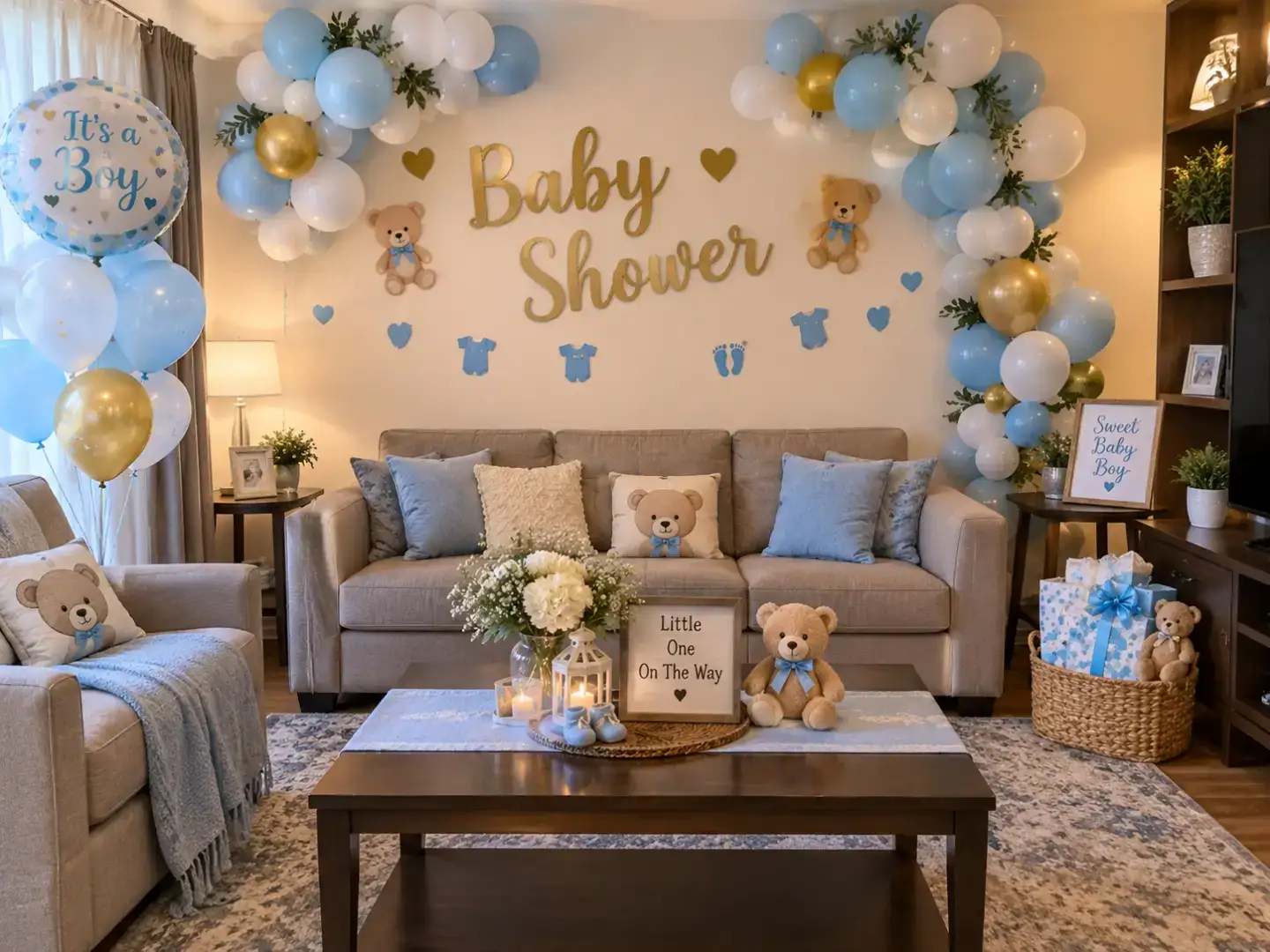Decorated baby shower with balloons, teddy bears, and pastel colors for a gender reveal.