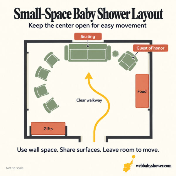 Compact baby shower floor plan with seating, gifts, food, and guest of honor.
