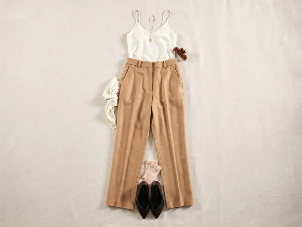Elegant guest outfit with beige trousers, white top, and black shoes for spring occasions.