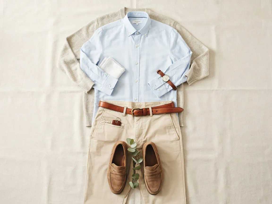 Casual men's outfit with light blue shirt, beige pants, and brown shoes.