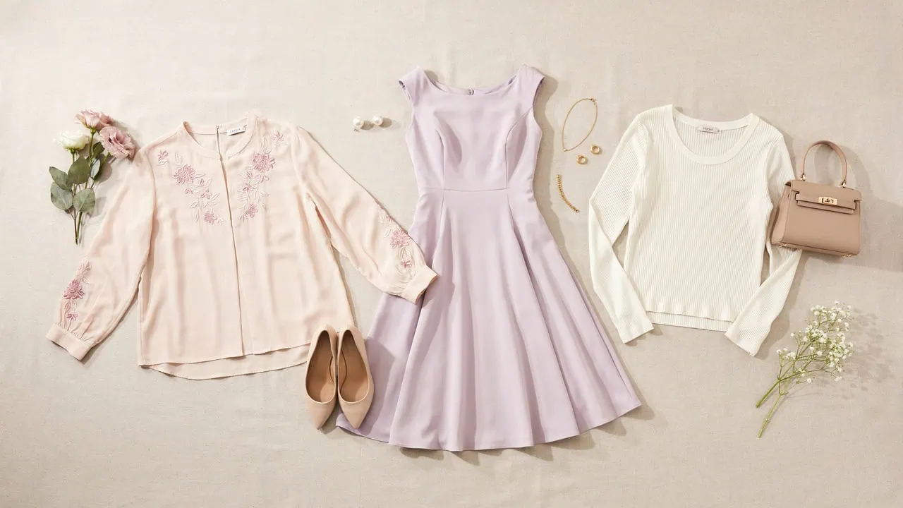 Chic spring guest outfit with lavender dress, beige shoes, and accessories.