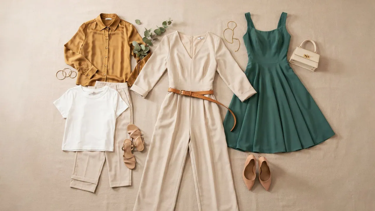 Elegant guest outfit with dress, accessories, and shoes for a special occasion.